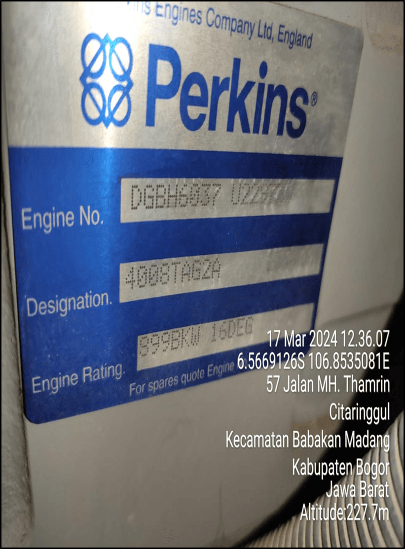Name Plate Perkins 1000Kva 4008TAG2A Series
